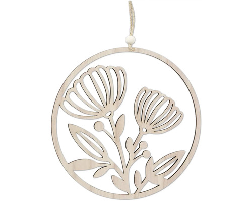 Pendentif décoratif en bois avec motif floral et cordon de suspension