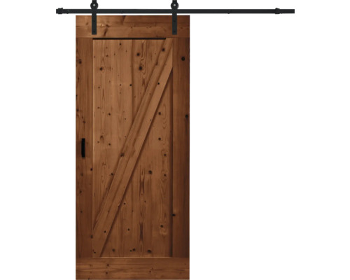 Kit complet de porte coulissante Pertura Barn Door Vintage marron apprêté Z-Brace 100x235 cm y compris vantail de porte, ferrure de porte coulissante Basic Rail, entretoise 35 mm et kit poignée