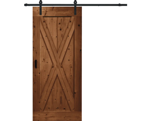 Kit complet de porte coulissante Pertura Barn Door Vintage marron apprêté X-Brace 95x215 cm y compris vantail de porte, ferrure de porte coulissante Basic Rail, entretoise 35 mm et kit poignée