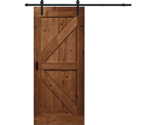 Kit complet de porte coulissante Pertura Barn Door Vintage marron apprêté British 100x235 cm y compris vantail de porte, ferrure de porte coulissante Basic Rail, entretoise 35 mm et kit poignée