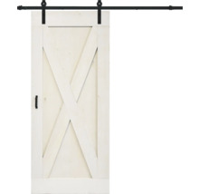 Porte coulissante en bois blanc avec motif en X et rail noir