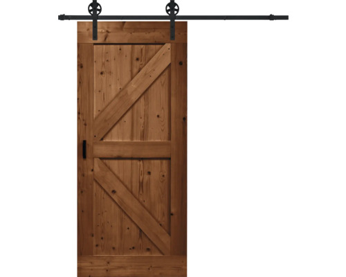 Kit complet de porte coulissante Pertura Barn Door Vintage marron apprêté British 100x235 cm y compris vantail de porte, ferrure de porte coulissante Rail rayons, entretoise 35 mm et kit poignée