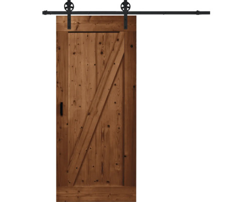 Kit complet de porte coulissante Pertura Barn Door Vintage marron apprêté Z-Brace 95x215 cm y compris vantail de porte, ferrure de porte coulissante Rail rayons, entretoise 35 mm et kit poignée