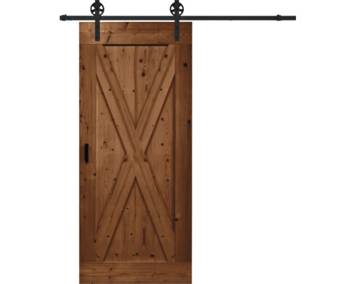 Kit complet de porte coulissante Pertura Barn Door Vintage marron apprêté X-Brace 95x215 cm y compris vantail de porte, ferrure de porte coulissante Rail rayons, entretoise 35 mm et kit poignée