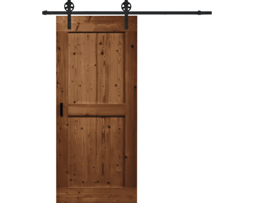 Kit complet de porte coulissante Pertura Barn Door Vintage marron apprêté Mid-Bar 95x215 cm y compris vantail de porte, ferrure de porte coulissante Rail rayons, entretoise 35 mm et kit poignée