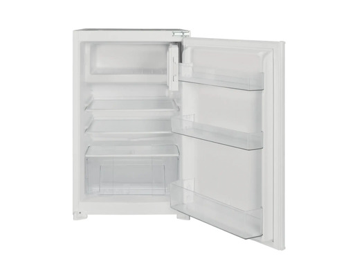 Offener, kleiner Kühlschrank mit Regalen und Fächern