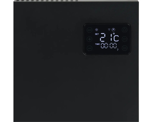 Nahaufnahme eines Heizkörpers mit digitaler Anzeige von Temperatur und Uhrzeit