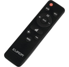 Télécommande noire avec différents boutons tels que mode, set, eco et contrôle du volume