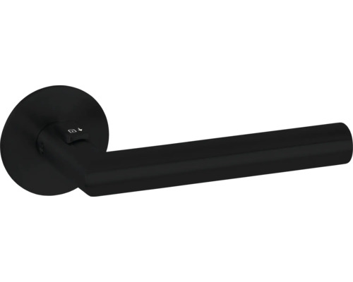 Drückerpaar Hermat Basic 02 Fastlock auf flacher Rosette rund DIN rechts schwarz Schwarze Türgarnitur mit Drehknopfverriegelung für Badezimmer und Toiletten