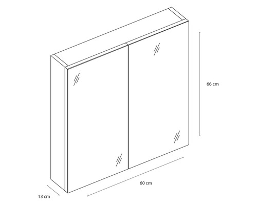 Schéma technique d''une armoire de toilette avec des dimensions de 66 cm de hauteur, 60 cm de largeur et 13 cm de profondeur
