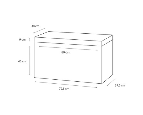 Schéma d''une boîte de rangement mesurant 80 x 38 x 45 cm
