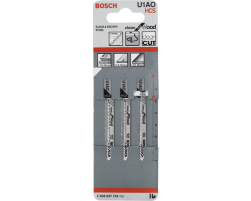 Lames de scie sauteuse Bosch U1AO HCS en set pour coupes nettes dans le bois