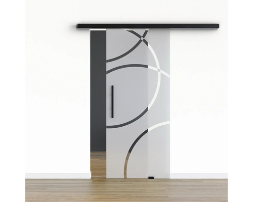 Porte vitrée coulissante Pertura set complet Glera Loop 02 775x2050 mm y compris ferrure Selir aluminium noir, poignée barre