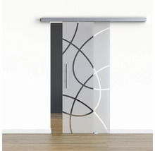 Porte coulissante en verre avec motif abstrait et poignée