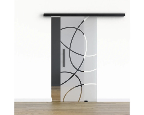 Porte vitrée coulissante Pertura set complet Glera Loop 04 900x2050 mm y compris ferrure Selir aluminium noir, poignée barre