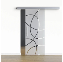 Porte coulissante en verre avec motif circulaire et poignée en métal