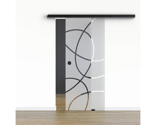 Porte vitrée coulissante Pertura set complet Glera Loop 04 900x2175 mm y compris ferrure Selir aluminium noir, poignée encastrée