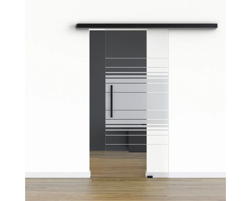 Porte vitrée coulissante Pertura set complet Glera Horizon 775x2050 mm y compris ferrure Selir aluminium noir, poignée barre