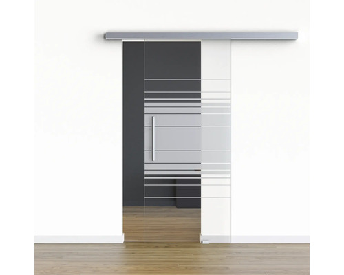 Pertura Glasschiebetür Komplettset Glera Horizon 775x2175 mm inkl.Beschlag Selir Aluminium Edelstahloptik,Stangengriff Glasschiebetür mit horizontalem Streifenmuster und Griff