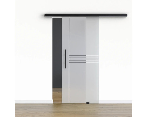 Porte vitrée coulissante Pertura set complet Glera Linear 1025x2050 mm y compris ferrure Selir aluminium noir, poignée barre