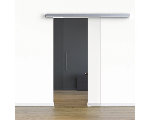 Porte vitrée coulissante Pertura set complet Freia Clear 900x2050 mm y compris ferrure Selir aluminium aspect inox, poignée barre