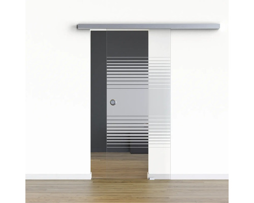 Porte vitrée coulissante Pertura set complet Glera Strata 775x2050 mm y compris ferrure Selir aluminium aspect inox, poignée encastrée