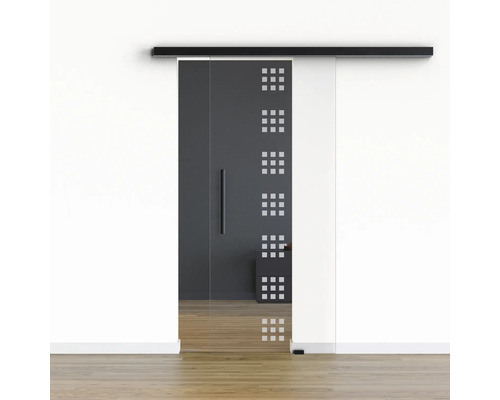 Porte vitrée coulissante Pertura set complet Glera Carré 02 900x2050 mm y compris ferrure Selir aluminium noir, poignée barre Porte vitrée coulissante Pertura set complet Glera Carré 02 900x2050 mm y compris ferrure Selir aluminium noir, poignée barre