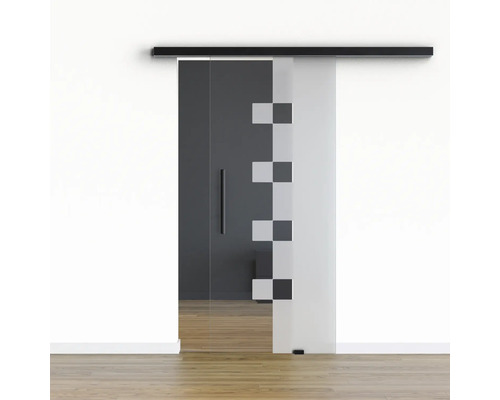 Porte vitrée coulissante Pertura set complet Glera Cube 1025x2175 mm y compris ferrure Selir aluminium noir, poignée barre