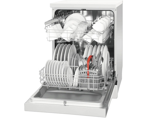 Offener Geschirrspüler mit Geschirr und Besteck