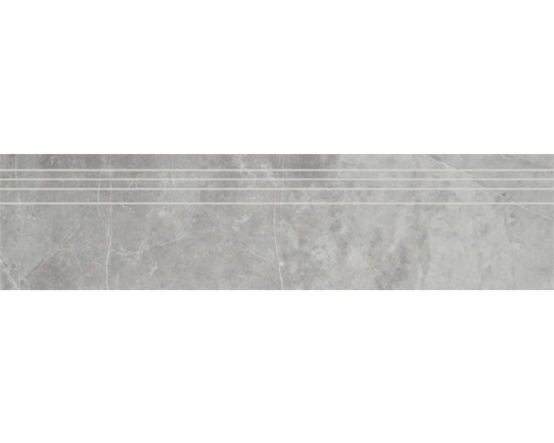 Marche d'escalier en grès cérame fin Discreet 29,5 x 120 x 0,9 cm gris Carrelage d''escalier gris avec quatre rainures