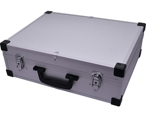 Boîte à outils argentée avec poignée et fermetures