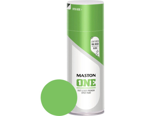 Laque à pulvériser ONE Maston brillant vert clair 400 ml Bombe de peinture aérosol Maston One avec échantillon de couleur vert clair RAL 6018