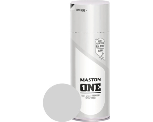 Peinture aérosol Maston ONE! brillante RAL 9006 aluminium blanc 400 ml Peinture aérosol Mastons One Premium, teinte aluminium blanc RAL 9006, brillant