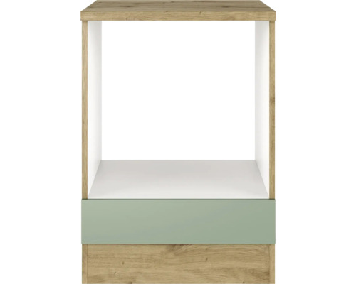 Offenes Regal mit Holzstruktur und grüner Blende