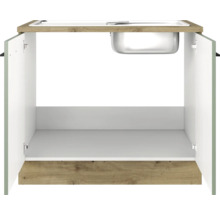 Meuble sous-évier avec portes blanches ouvertes et évier