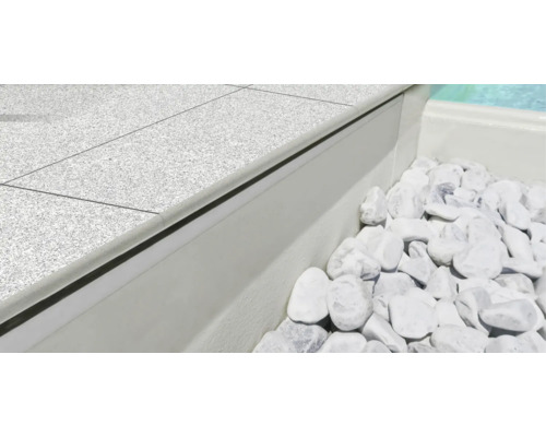 Nahaufnahme von Beckenrandsteinen und Zierkies