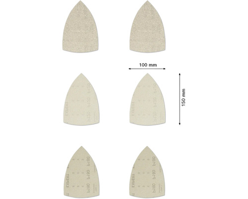 Sechs Schleifblätter in dreieckiger Form mit den Maßen 100 mal 150 Millimeter