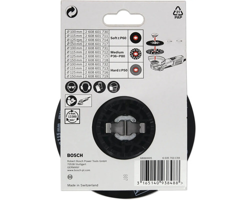 Bosch Fächerscheibe mit verschiedenen Körnungen und Durchmessern auf Verpackung.