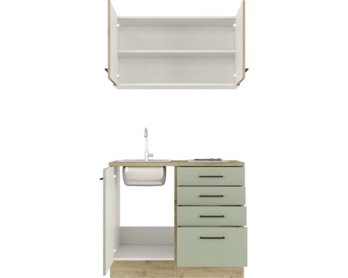 Cuisine compacte avec évier, tiroirs et armoire suspendue pour un aménagement de cuisine peu encombrant.