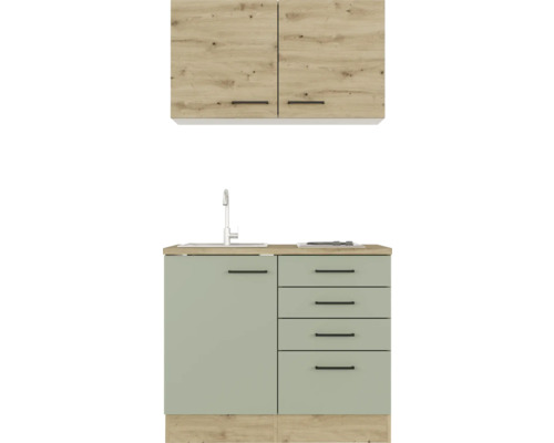 Cuisine équipée avec évier, robinet, tiroirs et meubles hauts