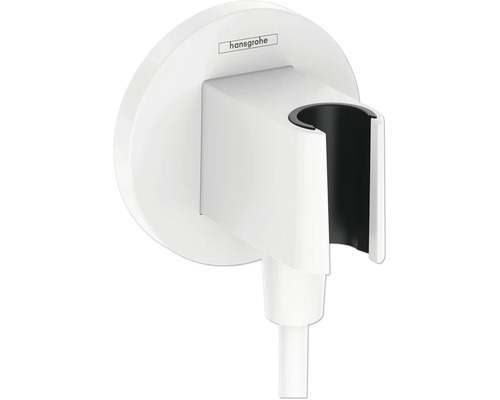 Raccordement mural avec support de douchette hansgrohe FixFit S blanc mat 26888700 Logo Hansgrohe sur un support de douchette