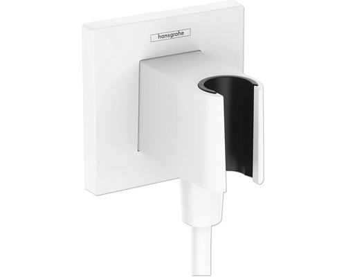 Raccordement mural avec support de douchette hansgrohe FixFit E blanc mat 26889700 Logo Hansgrohe sur un support de douche mural