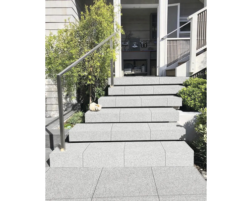 Treppe aus Granitfliesen mit Handlauf vor einem Haus.
