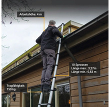 Mann auf einer Teleskopleiter bei der Arbeit an einer Dachrinne, Arbeitshöhe 4 Meter, Tragfähigkeit 150 Kilogramm, 10 Sprossen, maximale Länge 3,27 Meter, minimale Länge 0,83 Meter