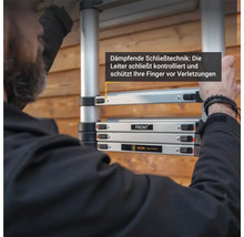 Teleskopleiter mit Dämpfungstechnik für kontrolliertes Schließen und Schutz der Finger vor Verletzungen