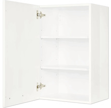 Geöffneter weißer Hängeschrank mit zwei Regalböden