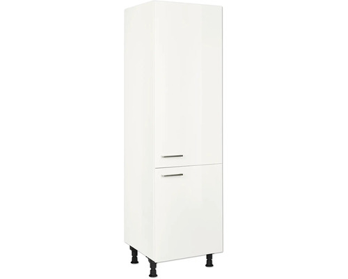 Armoire pour réfrigérateur encastré de 178 cm NOBILIA Modern lxpxh 60 x 58 x 231 cm blanc alpin haute brillance prémonté tirant droite Armoire haute blanche avec deux portes et poignées