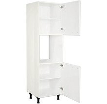 Armoire haute de cuisine avec portes ouvertes et étagères