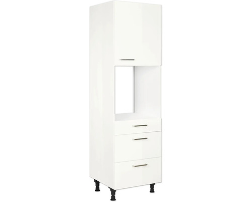 Meuble haut pour four avec coulisses NOBILIA Modern lxpxh 60 x 58 x 231 cm blanc alpin haut brillance prémonté tirant droite Armoire haute blanche avec porte d''armoire, compartiment ouvert et trois tiroirs pour la cuisine