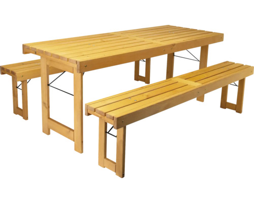 Ensemble table et bancs de brasserie Premium Wilk 3 pces ensemble avec table, 2 bancs en bois de pin 180 x 70 x 71,5 cm, miel marron Garniture de tente à bière en bois avec table et bancs pour le jardin